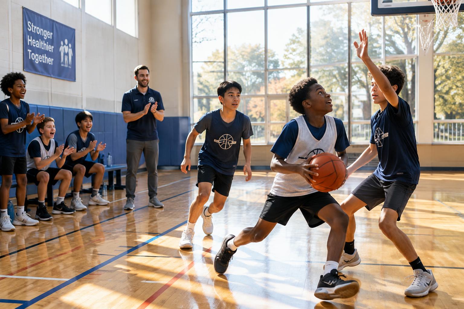 Boys playing basketball together at a Leopard Youth Boys Program session